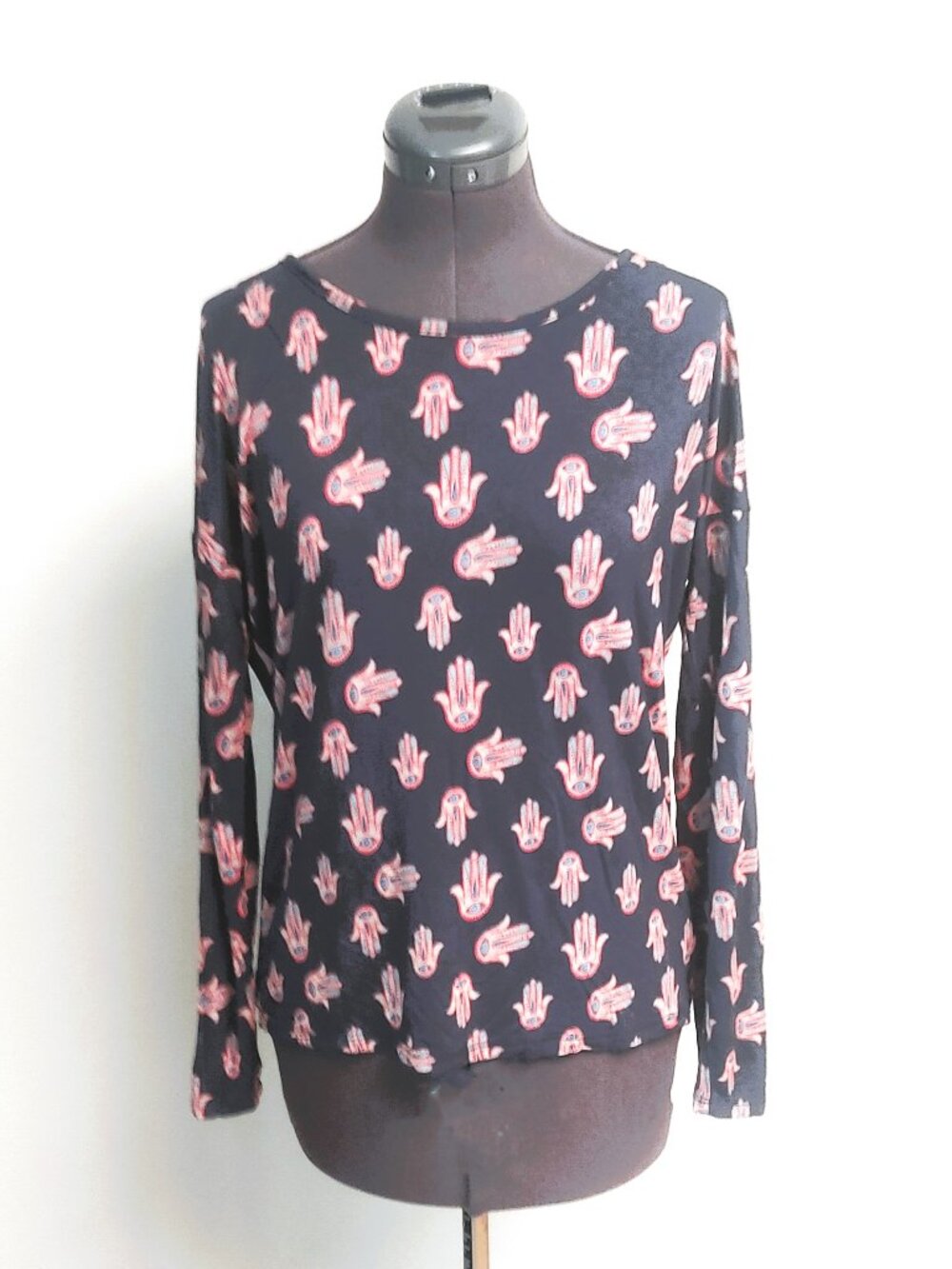 Pink Rose Hamsa Hand Long Sleeve, Relaxed Fit Tee Shirt - Size S